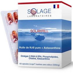 Omégas 3: Huile de Krill pure + Astaxanthine, SolaKRILL - 60 capsules Licaps - Solage