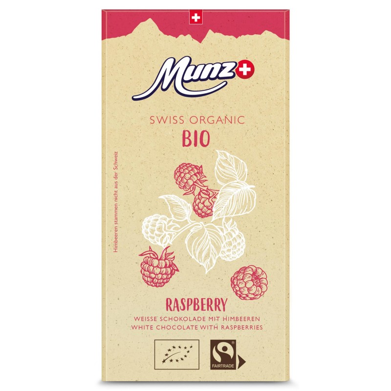 Chocolat blanc aux framboises et au lait Suisse, Bio & équitable - 100gr - Munz