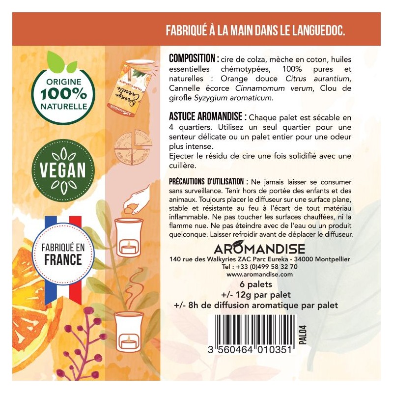 Pastiglie fondente agli oli essenziali, Arancia-cannella - 6 pastiglie (4 usi per pastiglia) - Aromandise
