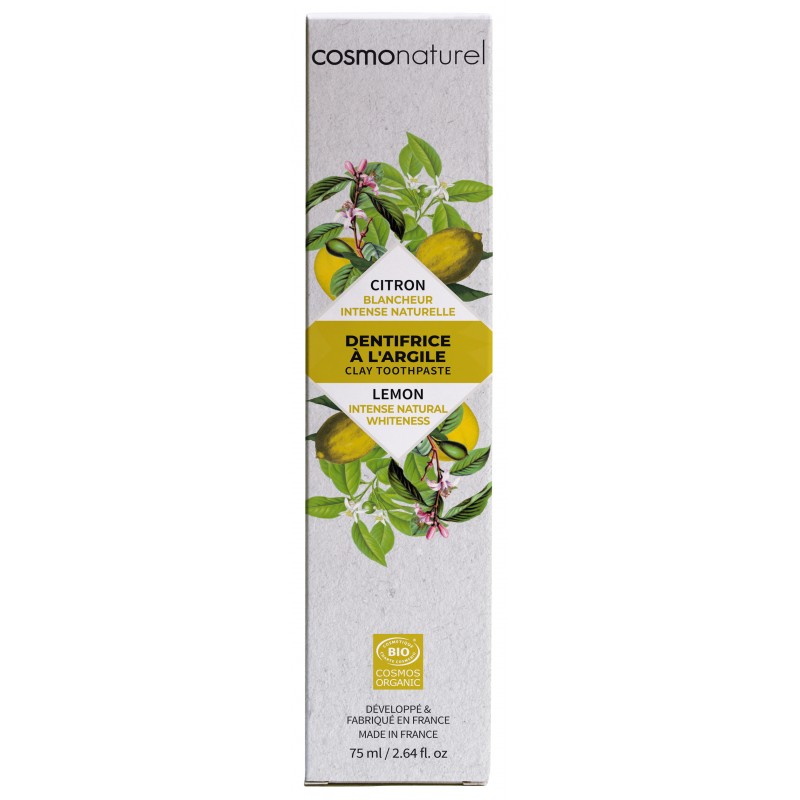 Dentifricio biologico con argilla e olio essenziale, sbiancante al limone - 75ml - Cosmo Naturel