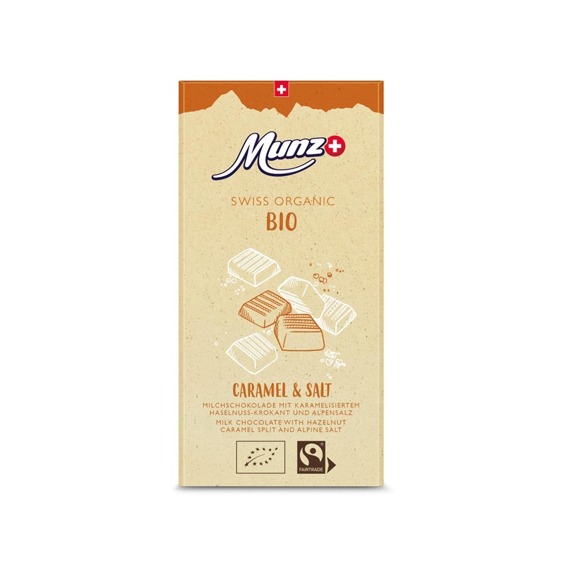 Zartbitterschokolade mit Kaffee - Gesalzenes Karamell, mit Schweizer Milch, Bio & Fairtrade - 100gr - Munz