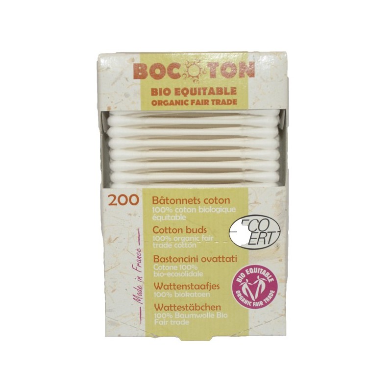 200 Bâtonnets en coton bio et équitable - boite carton (Q-Tips) - Bocoton