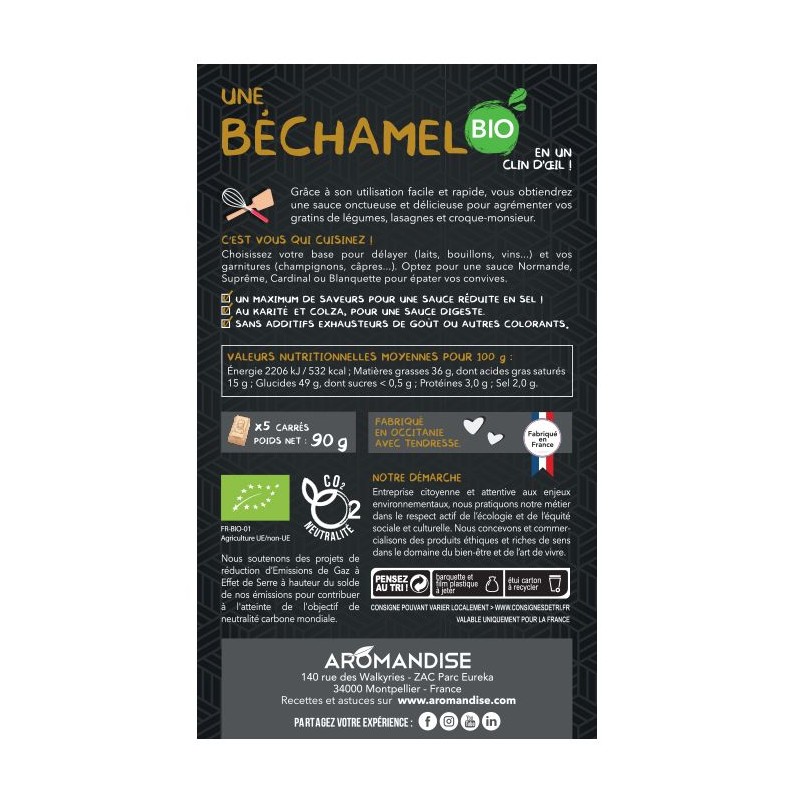 Quadratische Sauce BIO,  Bechamel - 90g, 5 Portionen - Aromandise