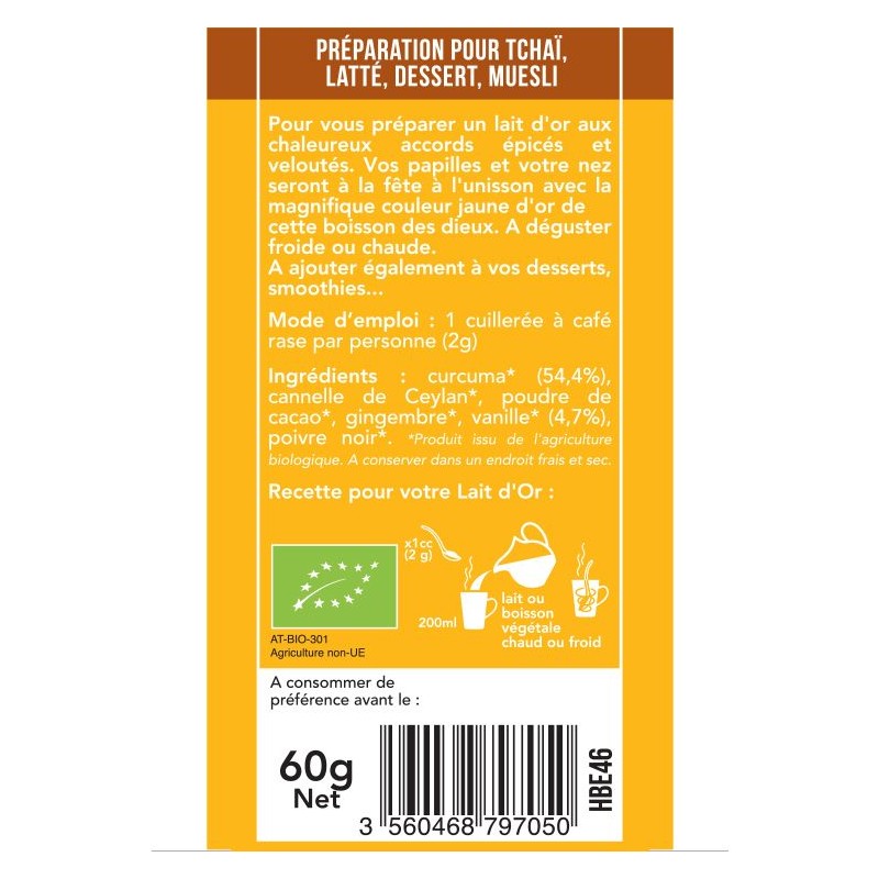 Organic Golden Latte (miscela di spezie), Curcuma-vaniglia - 60g - Aromandise