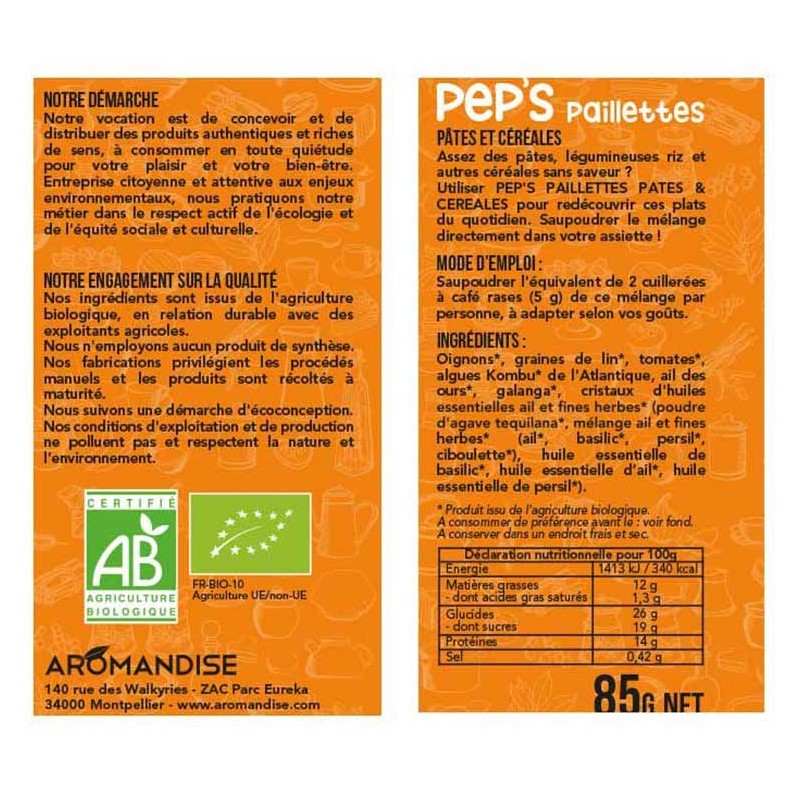Paillettes Pep’s Bio pour pâtes et céréales (riz, blé, quinoa…) - 85g - Aromandise