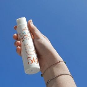 Lait solaire BIO, résitant à l'eau, Haute protection - Indice 50, 100ml - UVBIO