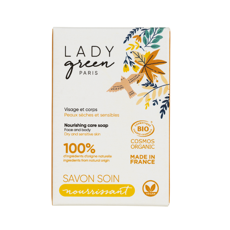 Pflegende Seife, Körper & Gesicht - Bio, vegan und 100% natürlich - Für trockene und empfindliche Haut - 100g - Lady Green
