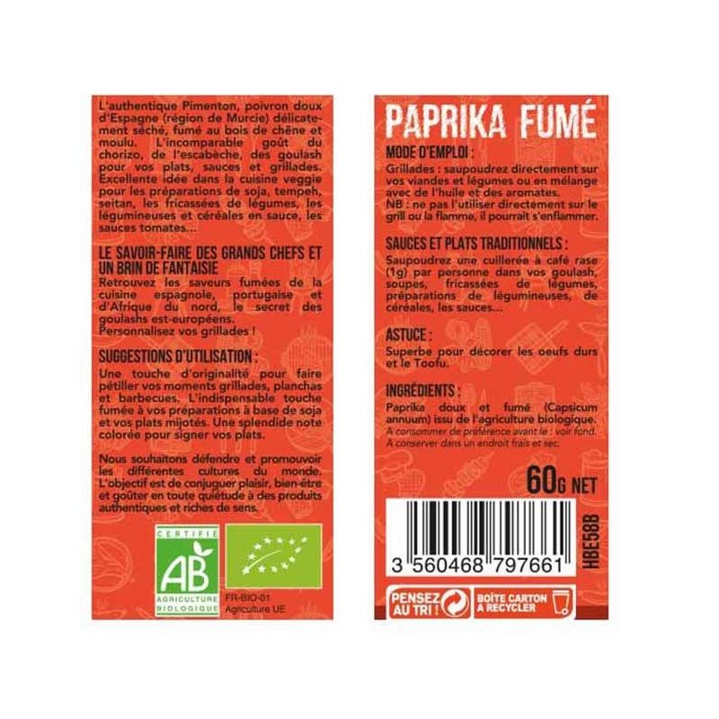 Paprika fumé BIO, pour grillades, marinades ... - Saupoudroir 60g - Aromandise