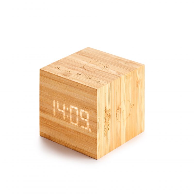 Öko-Uhr Cube Plus aus Bamboo, 4 Funktionen - Gingko Design