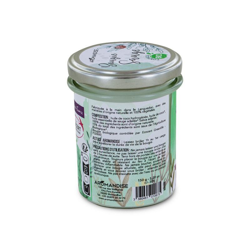 Candela per ambienti 100% naturale e biologica alla salvia con cera di soia, 30h - 150g - Aromandise