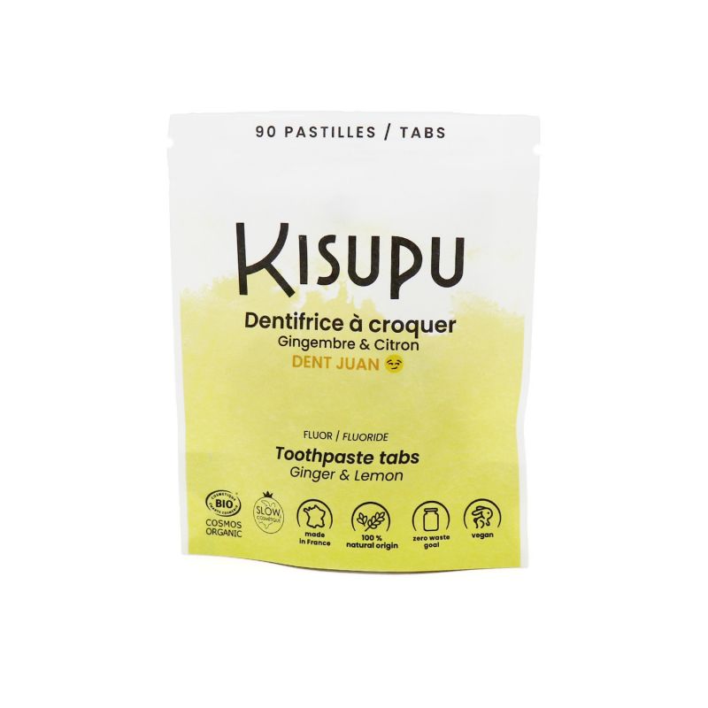 Dentifrice à croquer BIO & 100% naturel - Gingembre & Citron, Dent juan - 90 pastilles -  Kisupu