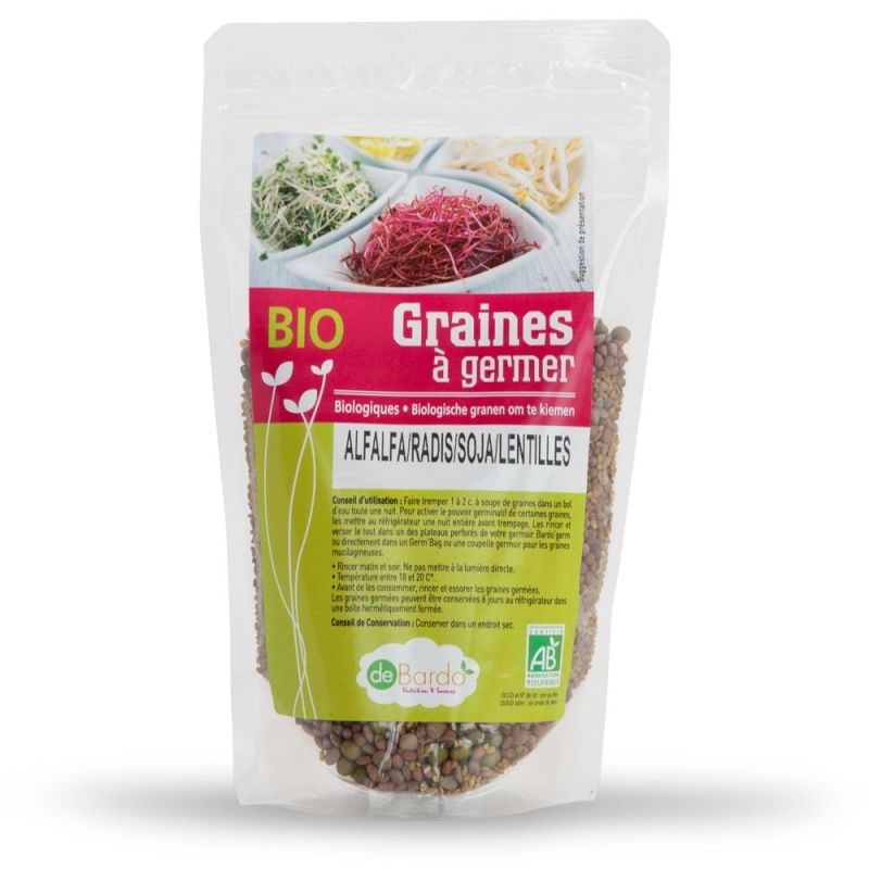 Mélange de graines à germer BIO - Alfalfa/Radis blanc/Soja/Lentilles - 200g - De Bardo