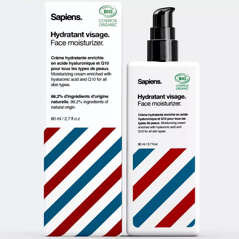 Idratante viso biologico per uomo - Arricchito con acido ialuronico e Q10 - 80ml - Sapiens