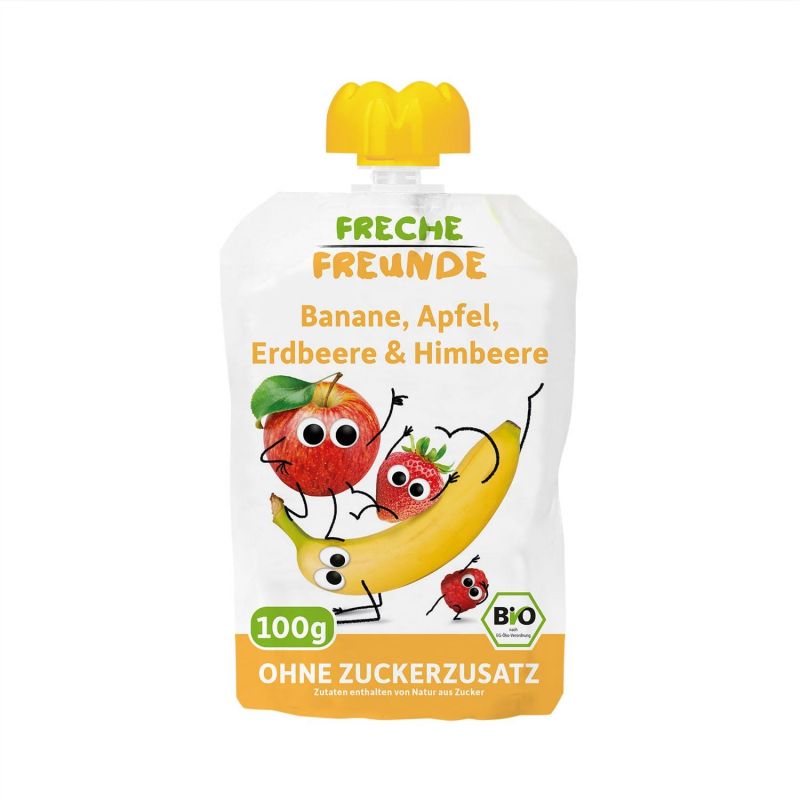 Compote de fruits BIO (Allemagne), Pomme, Banane, Fraise & Framboise - 100g - Freche Freunde