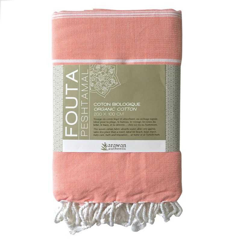 Fouta en coton biologique, Collection HAMMAM, Blanc & Corail - 100x200cm - Karawan