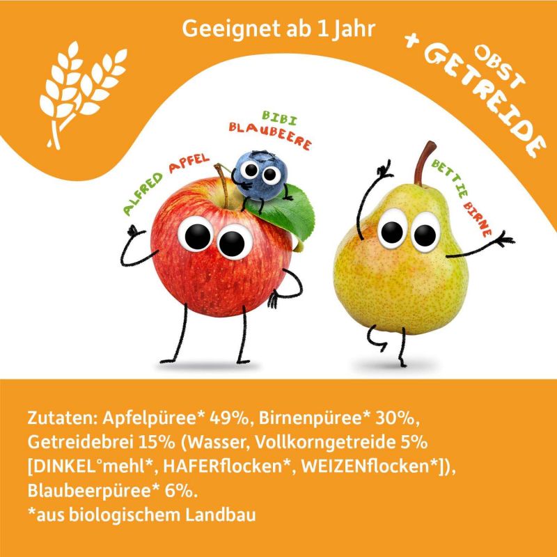 Compote de fruits BIO (Allemagne) - Pomme, Poire, Myrtille & Epeautre - 100g - Freche Freunde