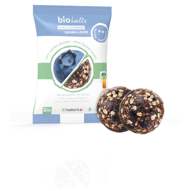 BioBalls, Sfere sane e gustose con Spirulina, senza zuccheri aggiunti – Spirulina-Mirtillo – 2x15g – BIOnaturis