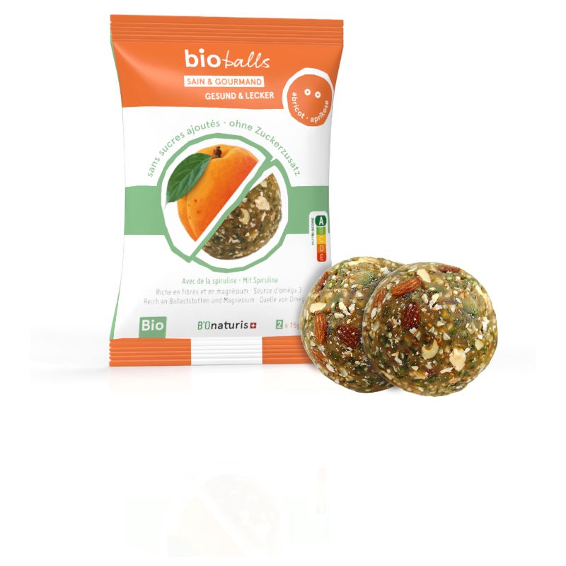 BioBalls, Gesunde und leckere Kugeln mit Spirulina, ohne Zuckerzusatz – Spirulina-Aprikose – 2x15g – BIOnatu