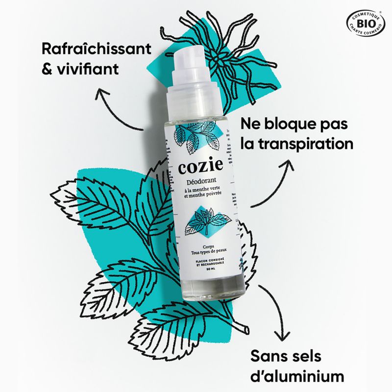 Déodorant Spray BIO à la menthe verte et poivrée (en verre consigné et réutilisable) - 50ml - Cozie