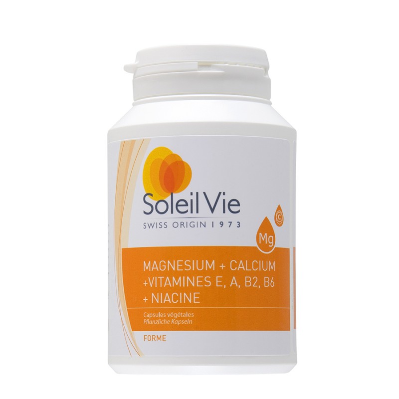Magnésium + calcium + vitamines A, B2, Niacine, B6, E  - 100 capsules  - Soleil Vie