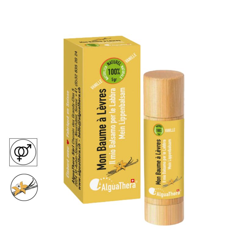 Baume à lèvres Suisse 100% naturel à l'amande douce - Tube en bois, Vanille - 5g - AlguaThera