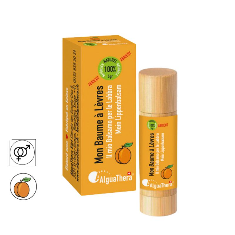 Schweizer Lippenbalsam 100% natürlich mit süßer Mandel - Holz-Tube, Aprikose - 5g - AlguaThera