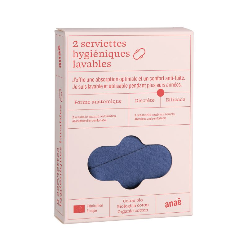 Serviettes hygiéniques lavables/réutiulisables Bi-Color en coton 100% BIO - 2 pces, Flux nuit - Anaé