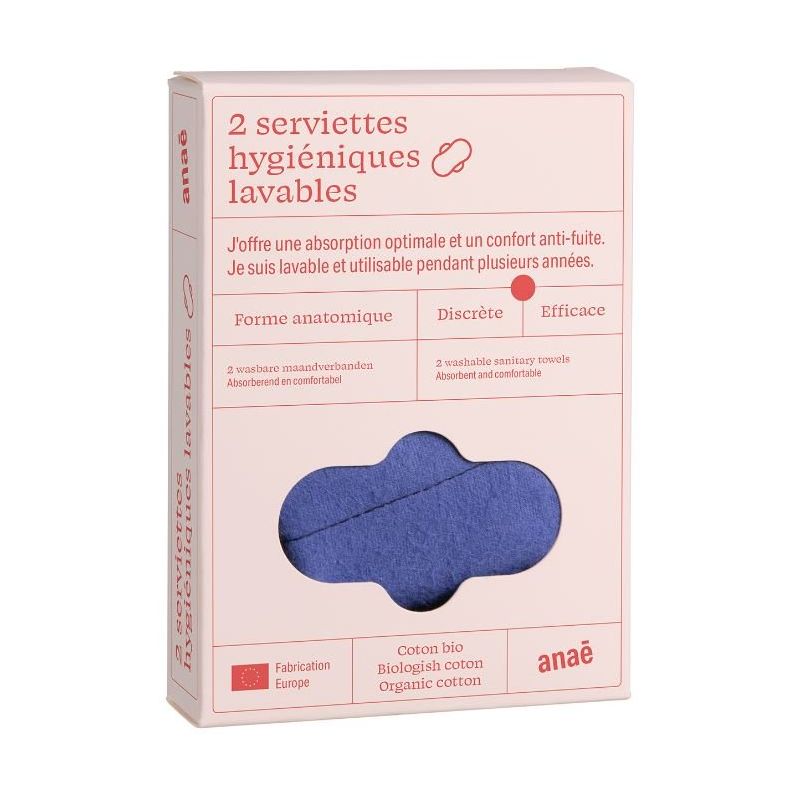 Serviettes hygiéniques lavables/réutilisables Bi-Color en coton 100% BIO - 2 pces, Flux léger - Anaé