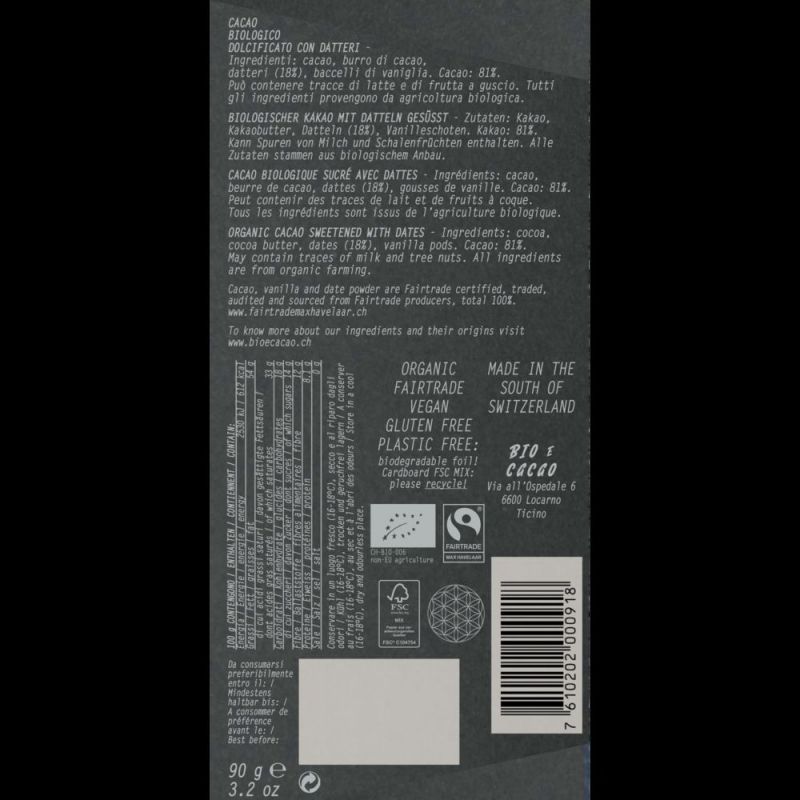 Bio-Schokolade, gesüßt mit Datteln – 72% Kakao, 28% Datteln, Bio & Fairtrade – 90g – BIOeCacao