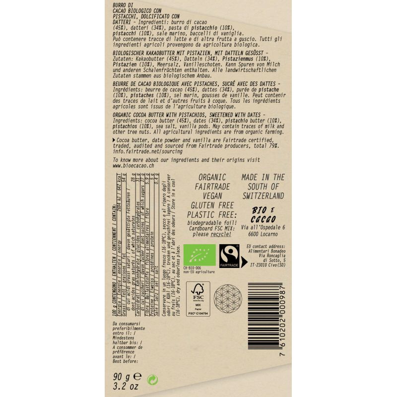 Cioccolato bianco BIO con datteri "White Pistachio", 45% burro di cacao & pistacchio - Bio & Fairtrade - 90g - BIOeCacao
