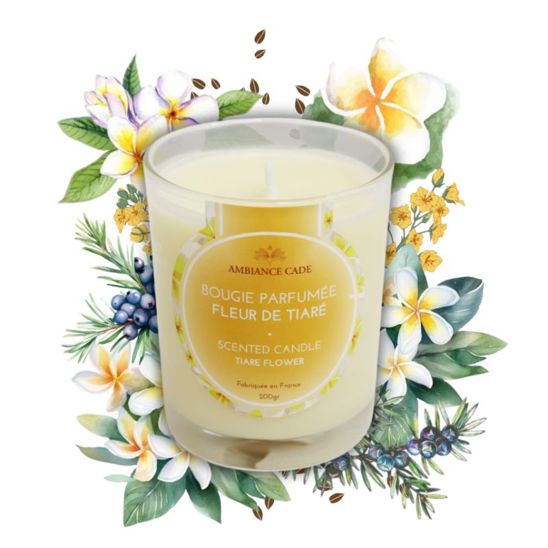 Bougie végétale à l'huile de cade, parfum Fleur de Tiaré - 400g, env. 45h - Ambiance Cade