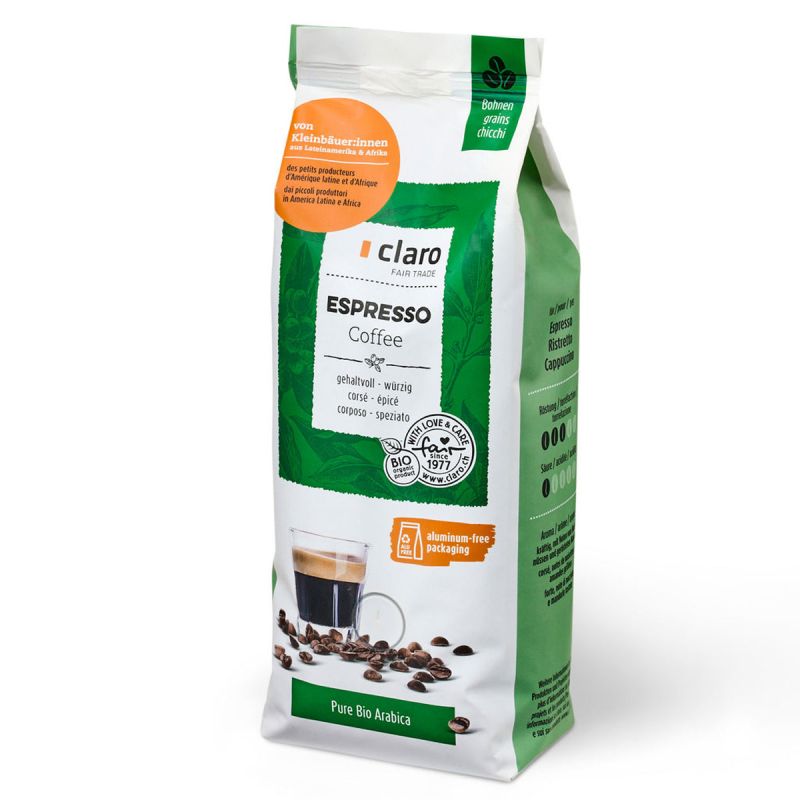 Chicchi di caffè biologico ed equo solidale, espresso - 500g - Claro
