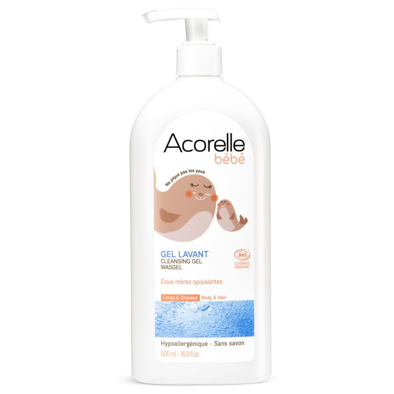 Gel detergente BIOLOGICO per neonati, corpo e capelli - Ipoallergenico e senza sapone - 500ml - Acorelle