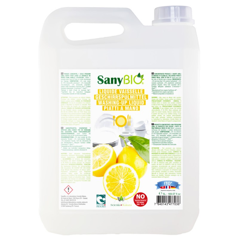 Ökologisches Geschirrabwaschmittel, Zitronenöl - 5 Liter -  SanyBio (Scientia Natura)