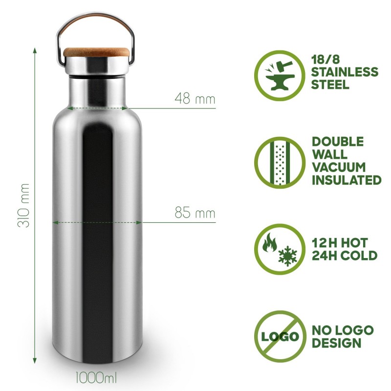 Isothermische Edelstahlflasche mit Bambusverschluss - 1000ml - Bambaw