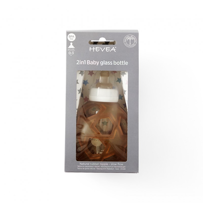 Bottiglia in vetro borosilicato con tettarella e protezione in gomma naturale - 120 ml - Hevea